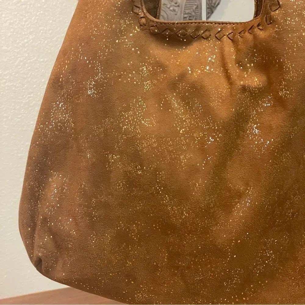Deux Lux Oversized Shimmer Hobo Bag Camel Brown With Gold Flakes
